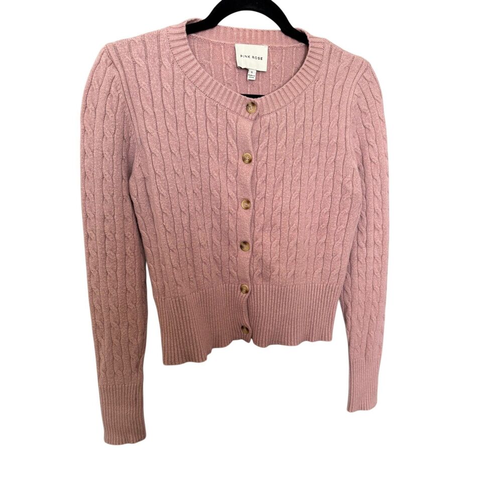 Pink Rose Women’s Button Front Cardigan Size L Rose Pink Knit Sweater - Picture 3 of 6